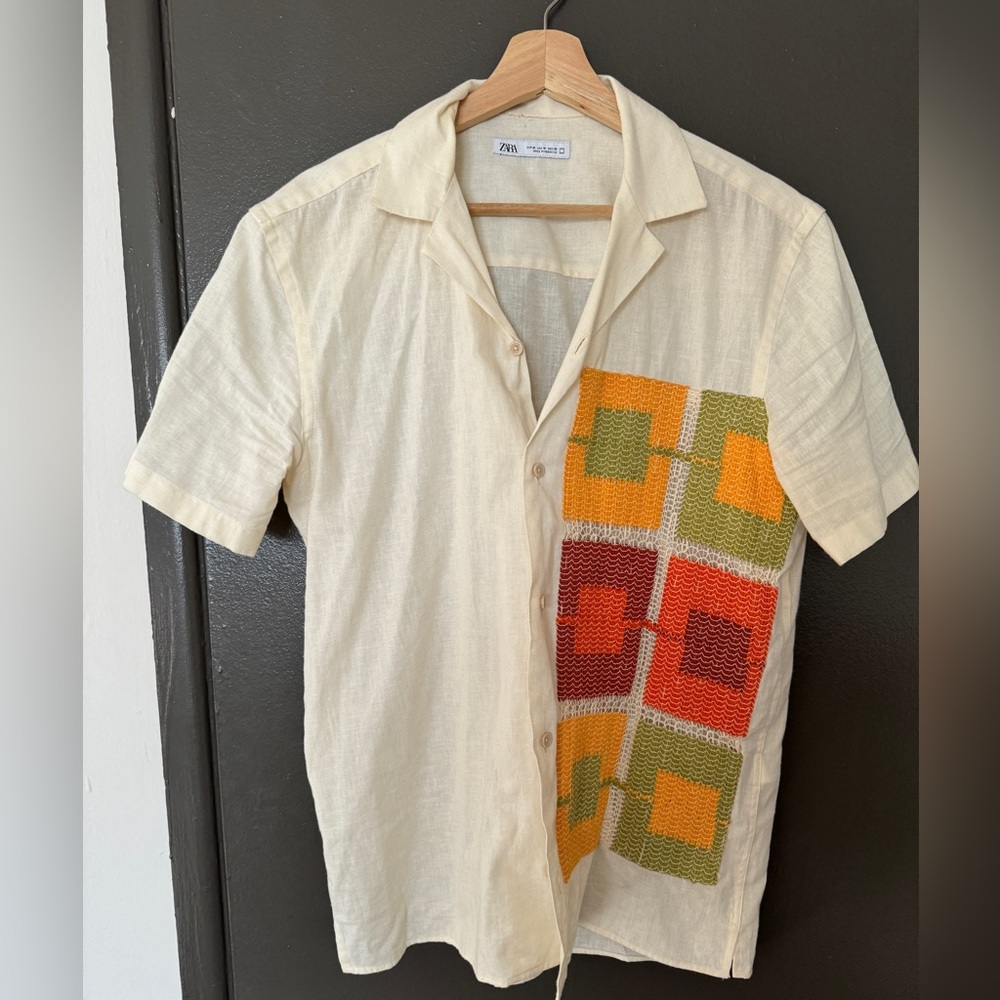 Zara linen, button-down geometric, patchwork shirt sz M